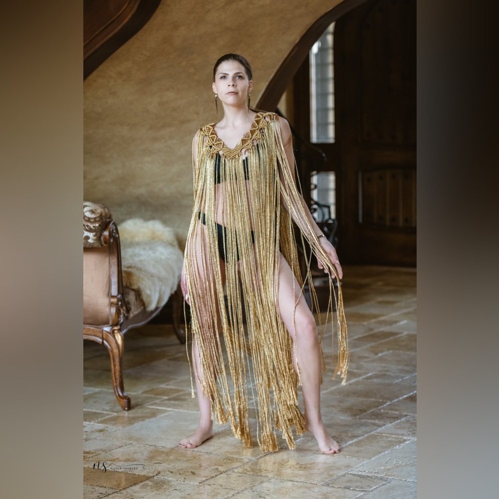 Original GoodVibeGoda Handmade Macramé Gold Fringe Women's Swim Cover-Up